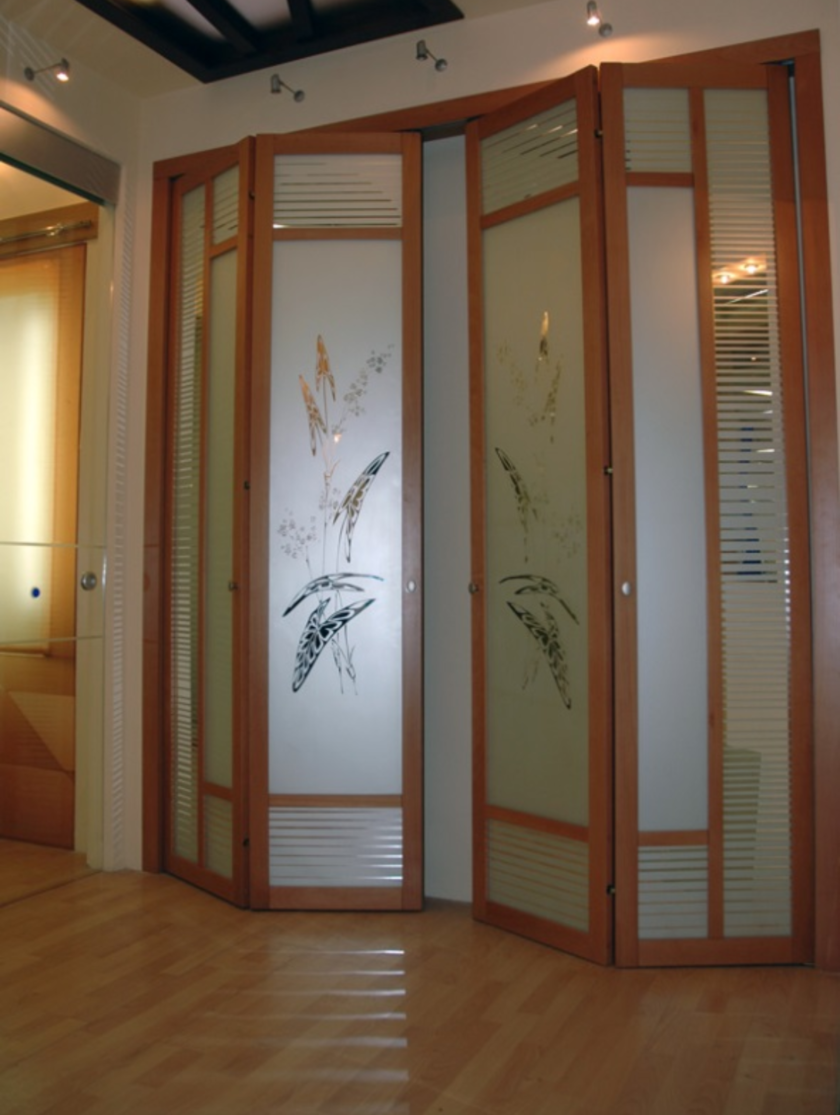 Широкие двери гармошка с матовым стеклом и рисунком Череповец